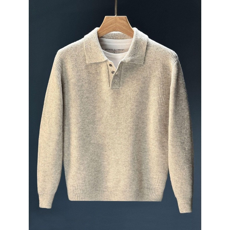 Ribbed Knit Sweater - Men Polo Collar Half Button Knit