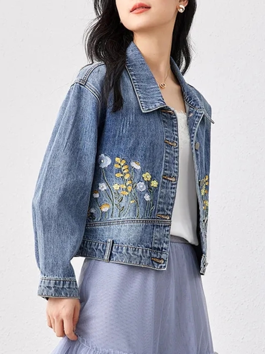 Women Fashion Jeans Top - Floral Embroidered Denim Short Jacket Women