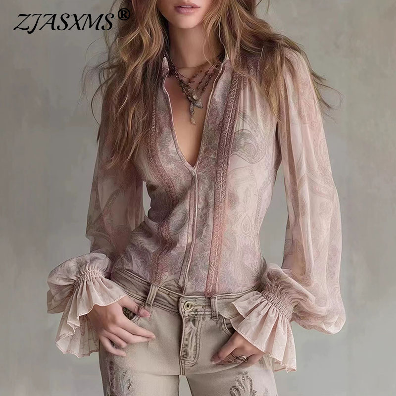 Wrap Blouse Chiffon - Retro Printed Sheer Blouses Women V
