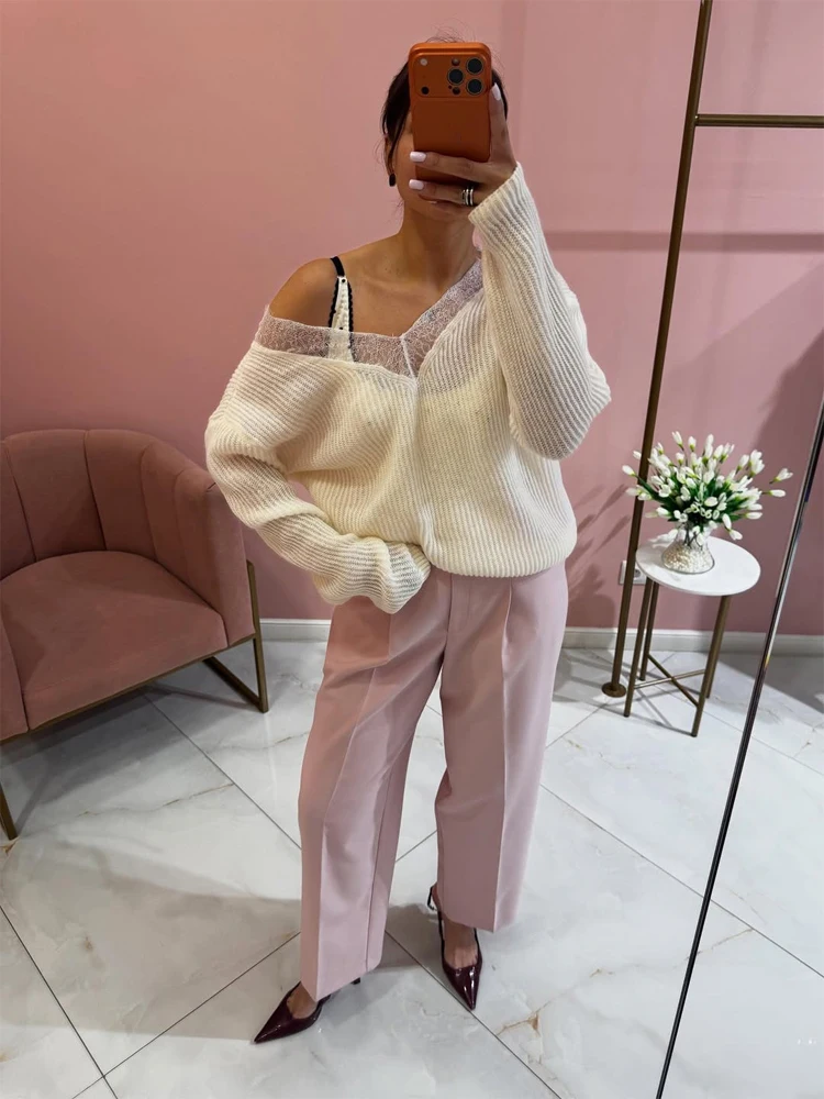 Ribbed Knit Sweater - Asymmetric Blush Lace Trim Sweater Women