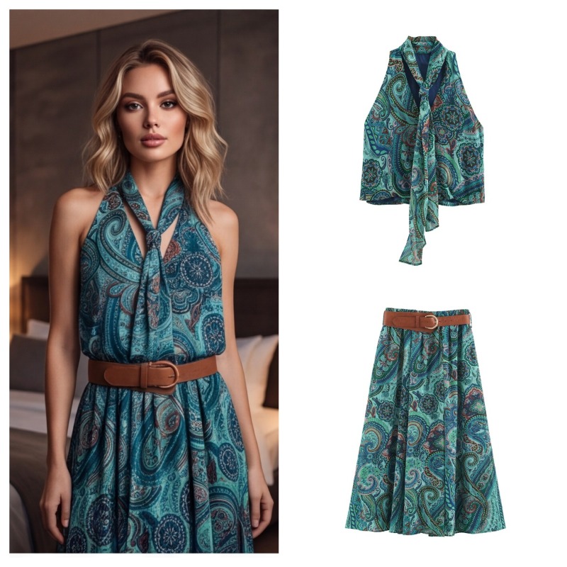 Belted Shirt Dress - Vintage Printed Belt Long Skirts Two