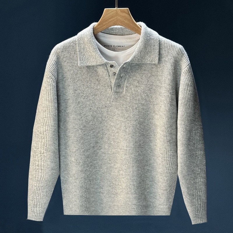 Men Polo Collar Half Button Kn - Ribbed Knit Sweater 评论和价格