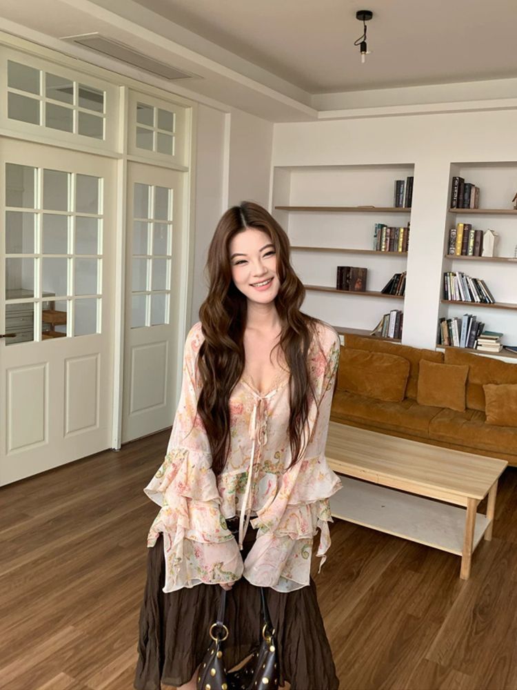 2026 Bohemian Paisley Print Ch - Wrap Blouse Chiffon 评论和价格