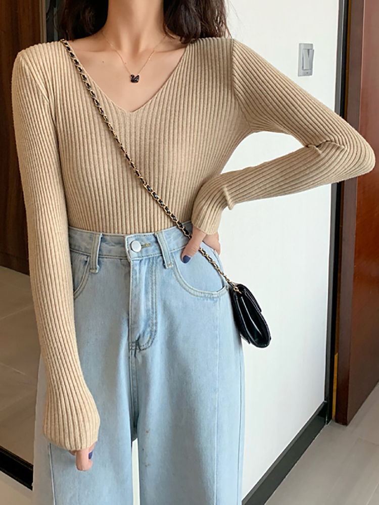 2026 Basic B-neck Solid Autumn - Ribbed Knit Sweater 评论和价格