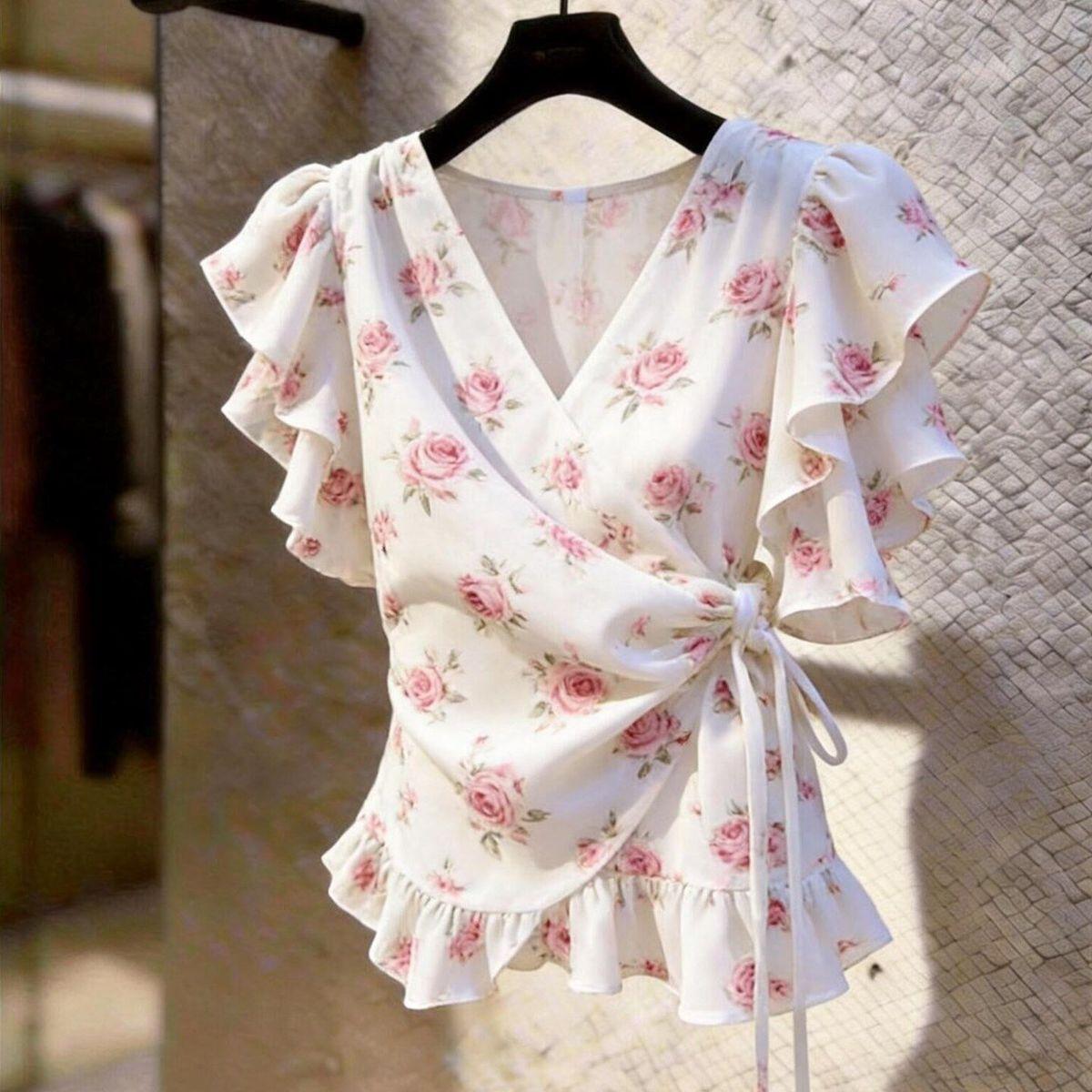 Women V Neck Wrap Chiffon Blou - Wrap Blouse Chiffon 评论和价格