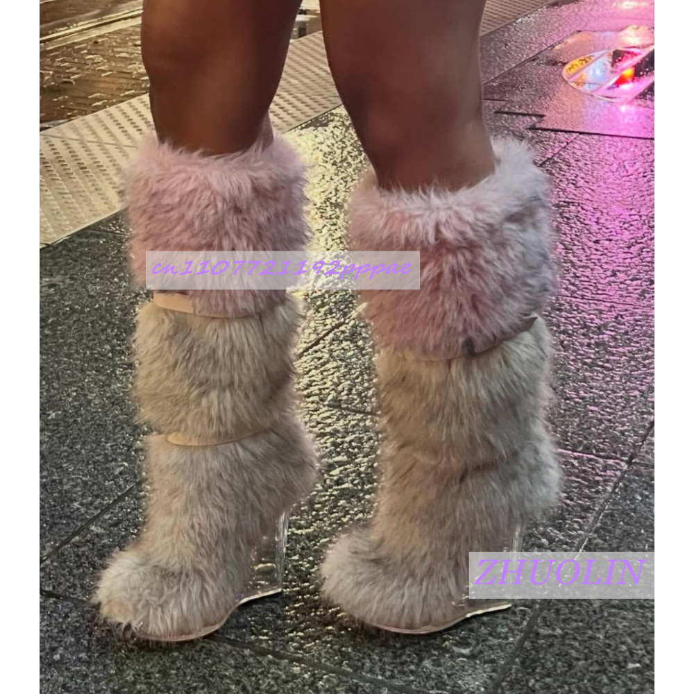 Winter Gradient Furry Transpar - Women'S Fashion Knee High Boots 评论和价格
