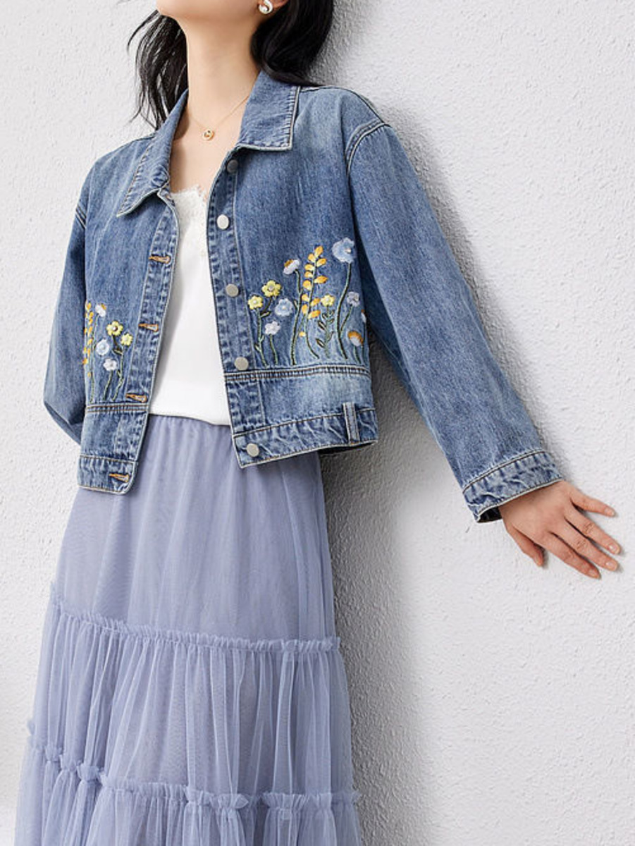 Floral Embroidered Denim Short - Women Fashion Jeans Top 评论和价格