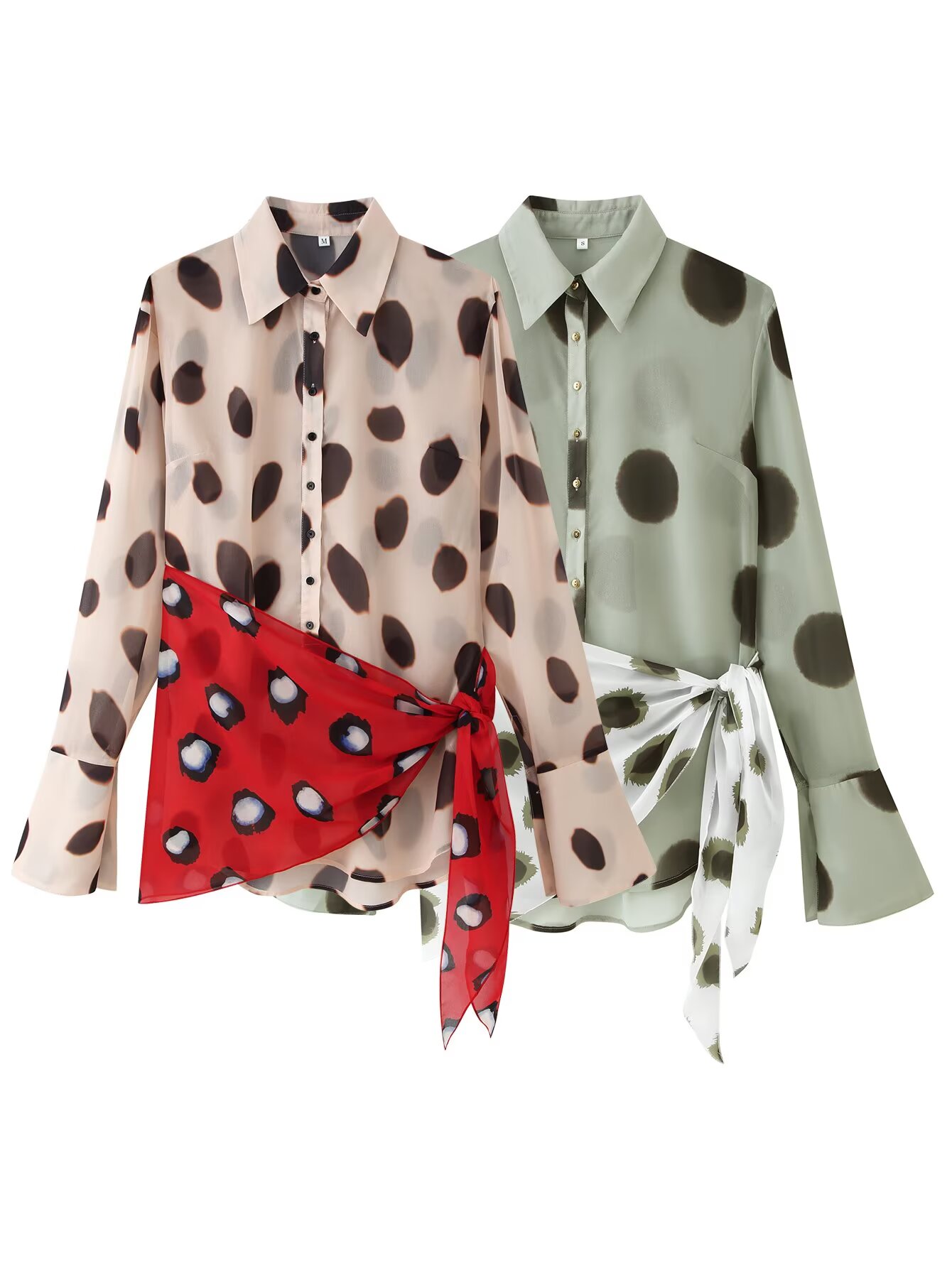 Women Long Sleeve Dot Print Lo - Wrap Blouse Chiffon 评论和价格