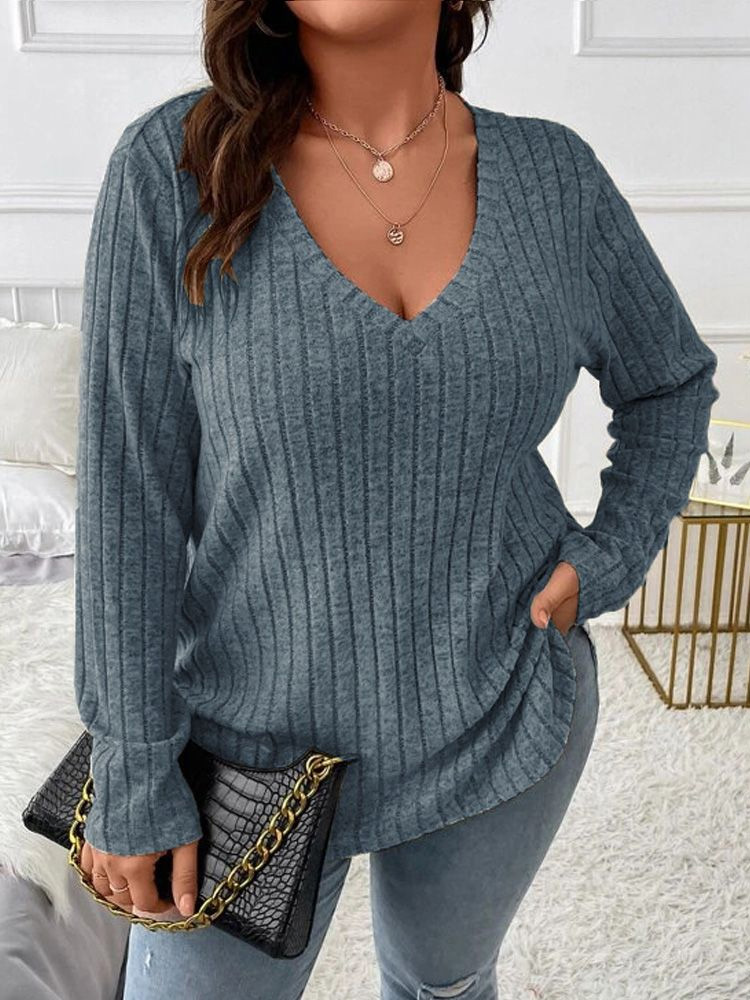 2026 Plus Size V-Neck Long Sle - Ribbed Knit Sweater 评论和价格