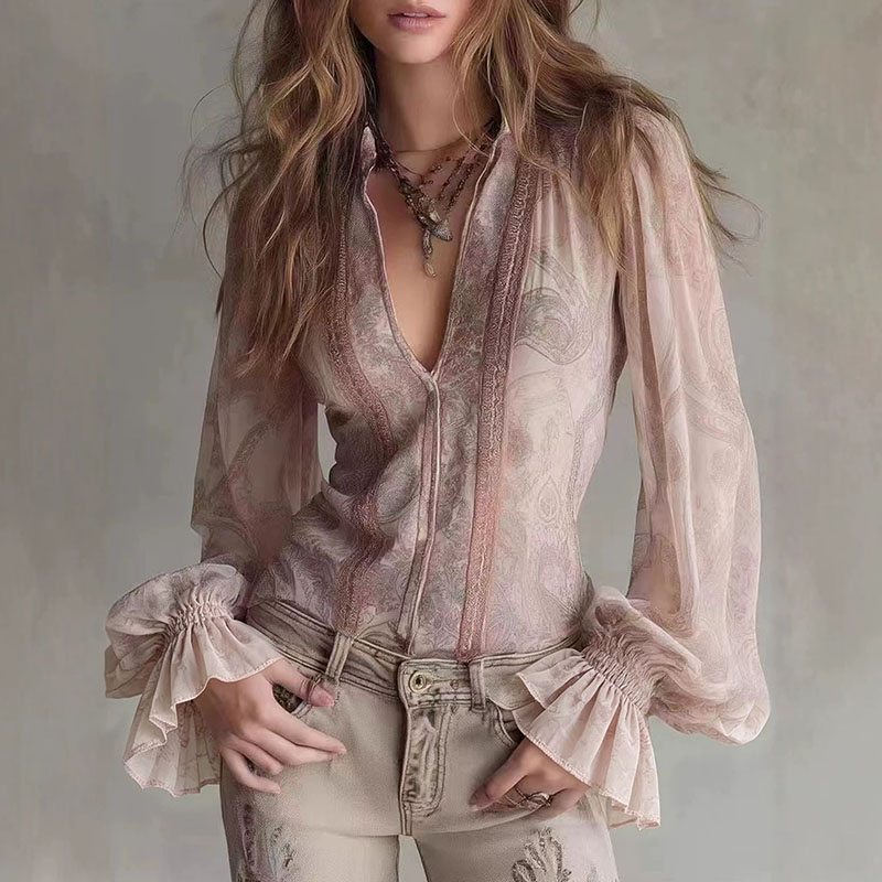 Retro Printed Sheer Blouses Wo - Wrap Blouse Chiffon 评论和价格