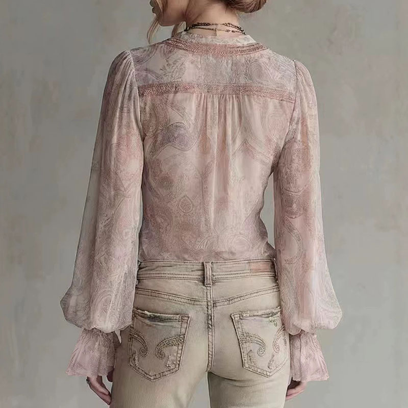 Retro Printed Sheer Blouses Wo - Wrap Blouse Chiffon 评论和价格