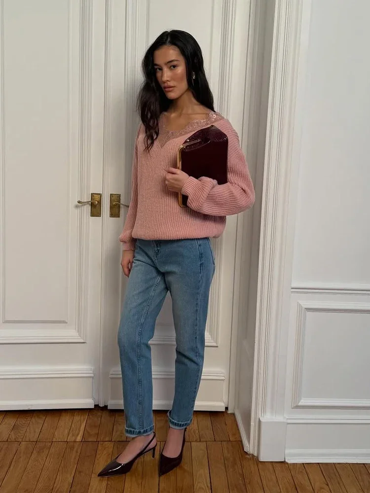 Asymmetric Blush Lace Trim Swe - Ribbed Knit Sweater 评论和价格