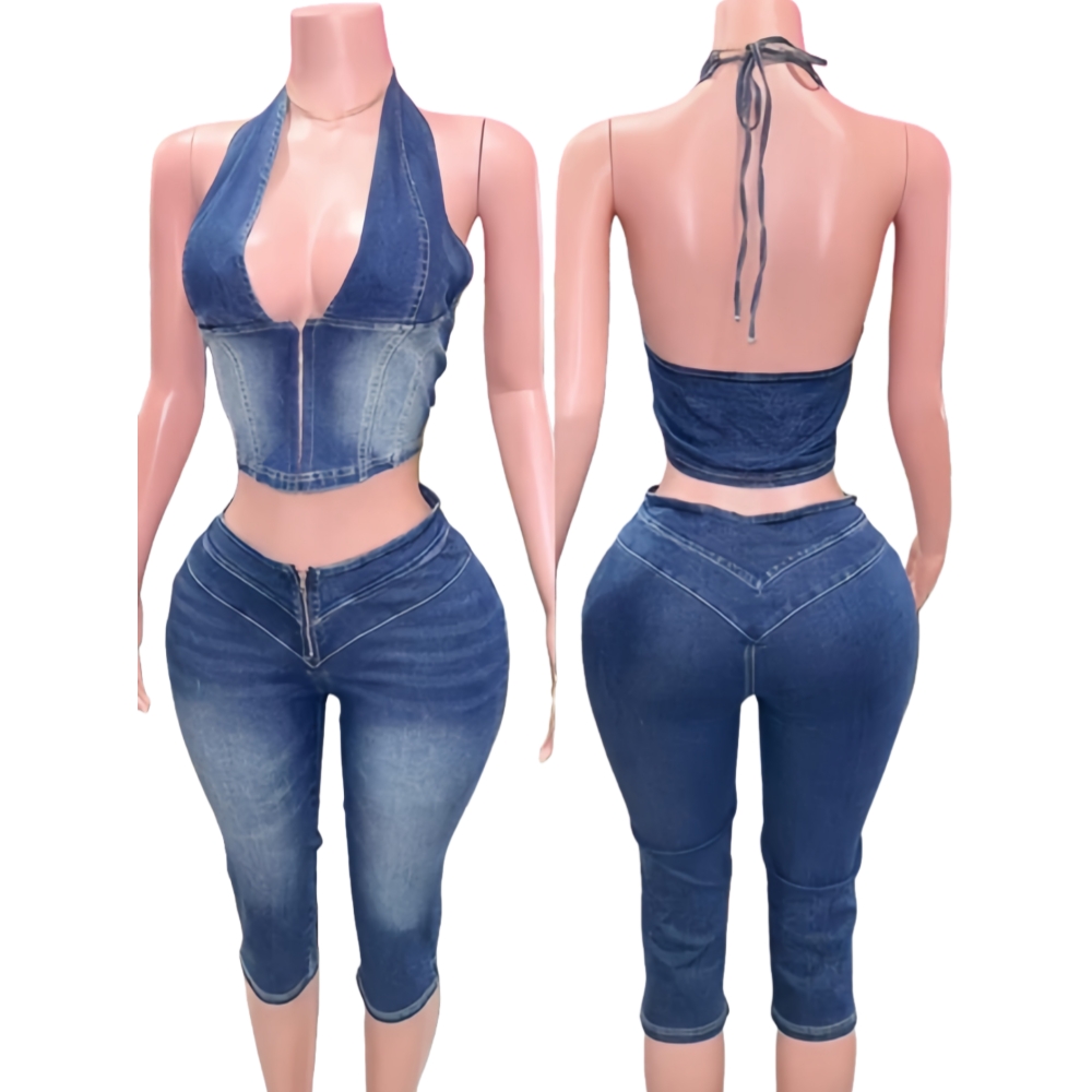 HLJ&GG Blue Fashion Denim Halt - Women Fashion Jeans Top 评论和价格