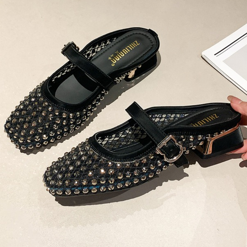 Mesh Rhinestone Chunky Heel Mu - Women'S Fashion Sandals 评论和价格