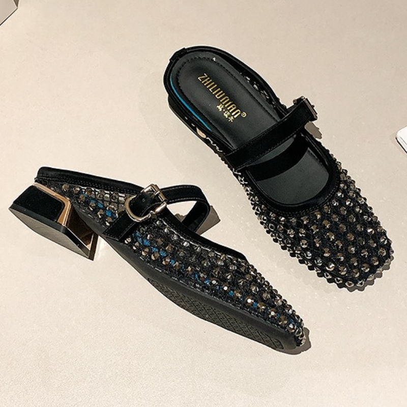 Mesh Rhinestone Chunky Heel Mu - Women'S Fashion Sandals 评论和价格
