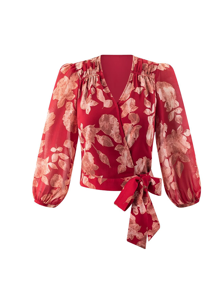 Women V-neck Wrap Bandage Blou - Wrap Blouse Chiffon 评论和价格