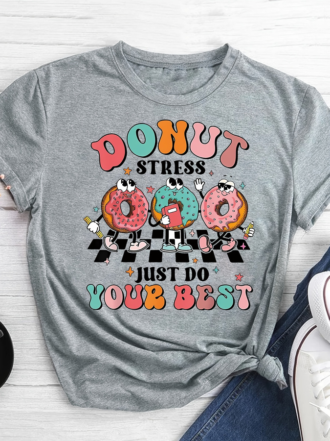 Cartoon Donut Print T-shirt, S - Women'S Fashion Trends 2026 Spring Summer 评论和价格
