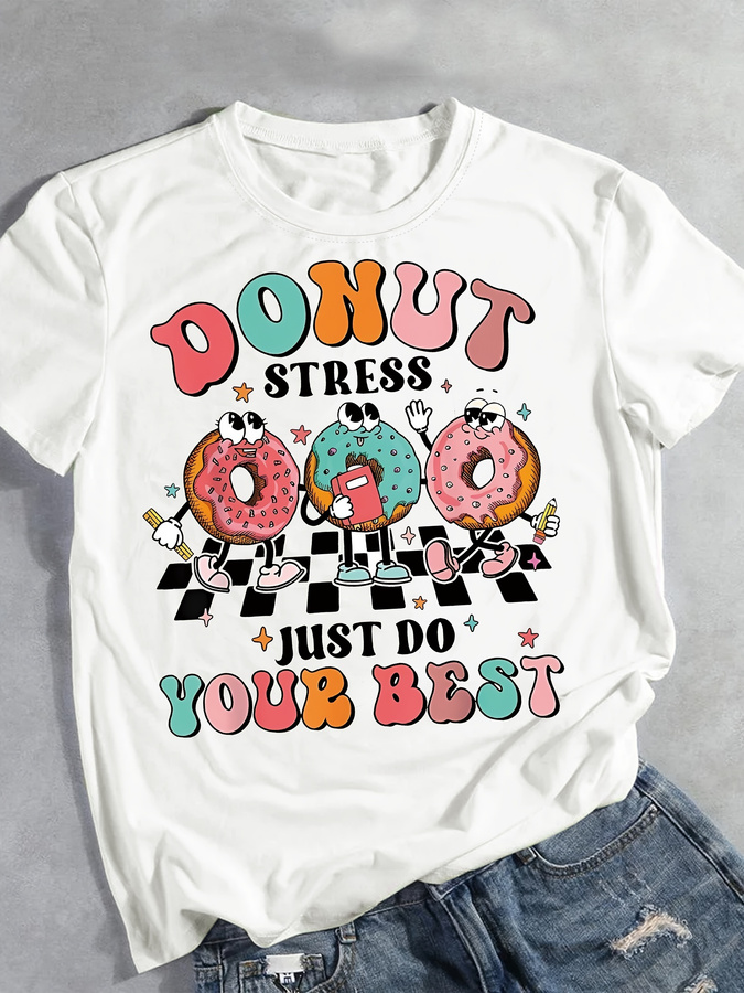 Cartoon Donut Print T-shirt, S - Women'S Fashion Trends 2026 Spring Summer 评论和价格