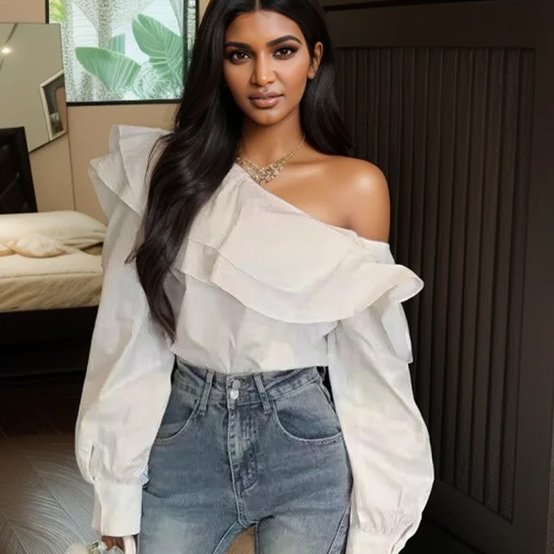 Vintage Ruffled Off Shoulder W - Wrap Blouse Chiffon 评论和价格