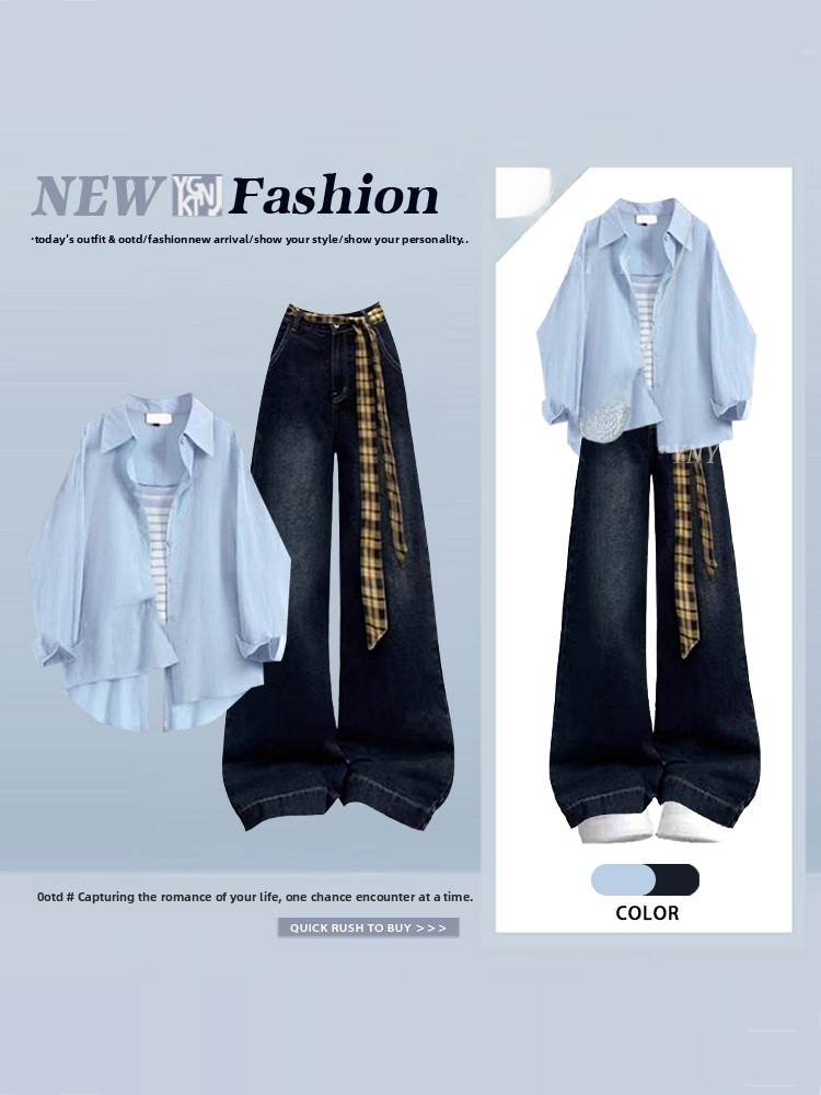 Sweet Blue Long Sleeve Shirt w - Women Fashion Jeans Top 评论和价格