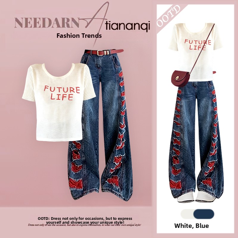 Summer New Design Letter Print - Women Fashion Jeans Top 评论和价格