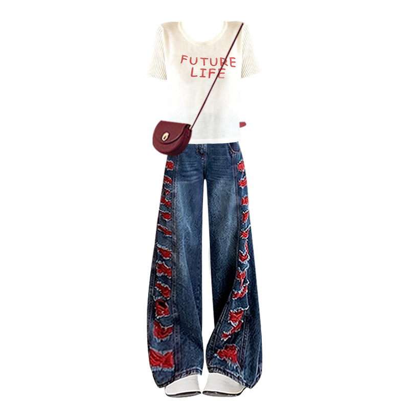 Summer New Design Letter Print - Women Fashion Jeans Top 评论和价格