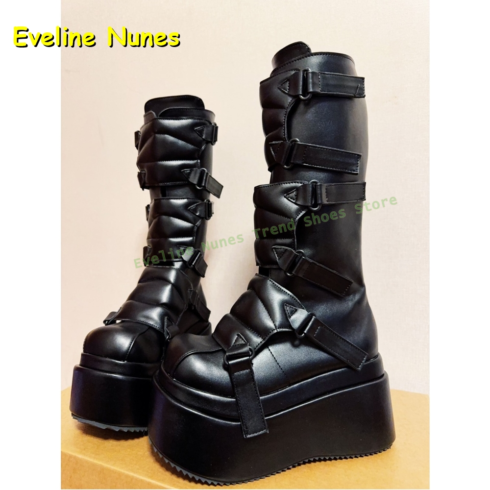 Black Buckle Cyberpunk Y2K Kne - Women'S Fashion Boots 2025 评论和价格