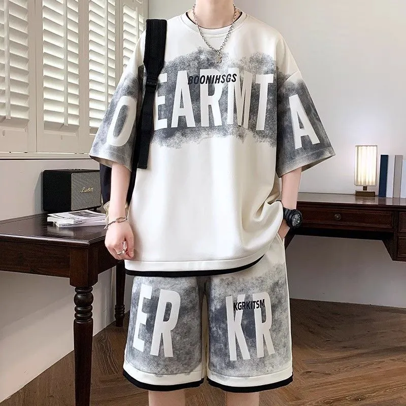 Men Tie Dye Letter Print Two P - Tie Dye Two Piece 评论和价格