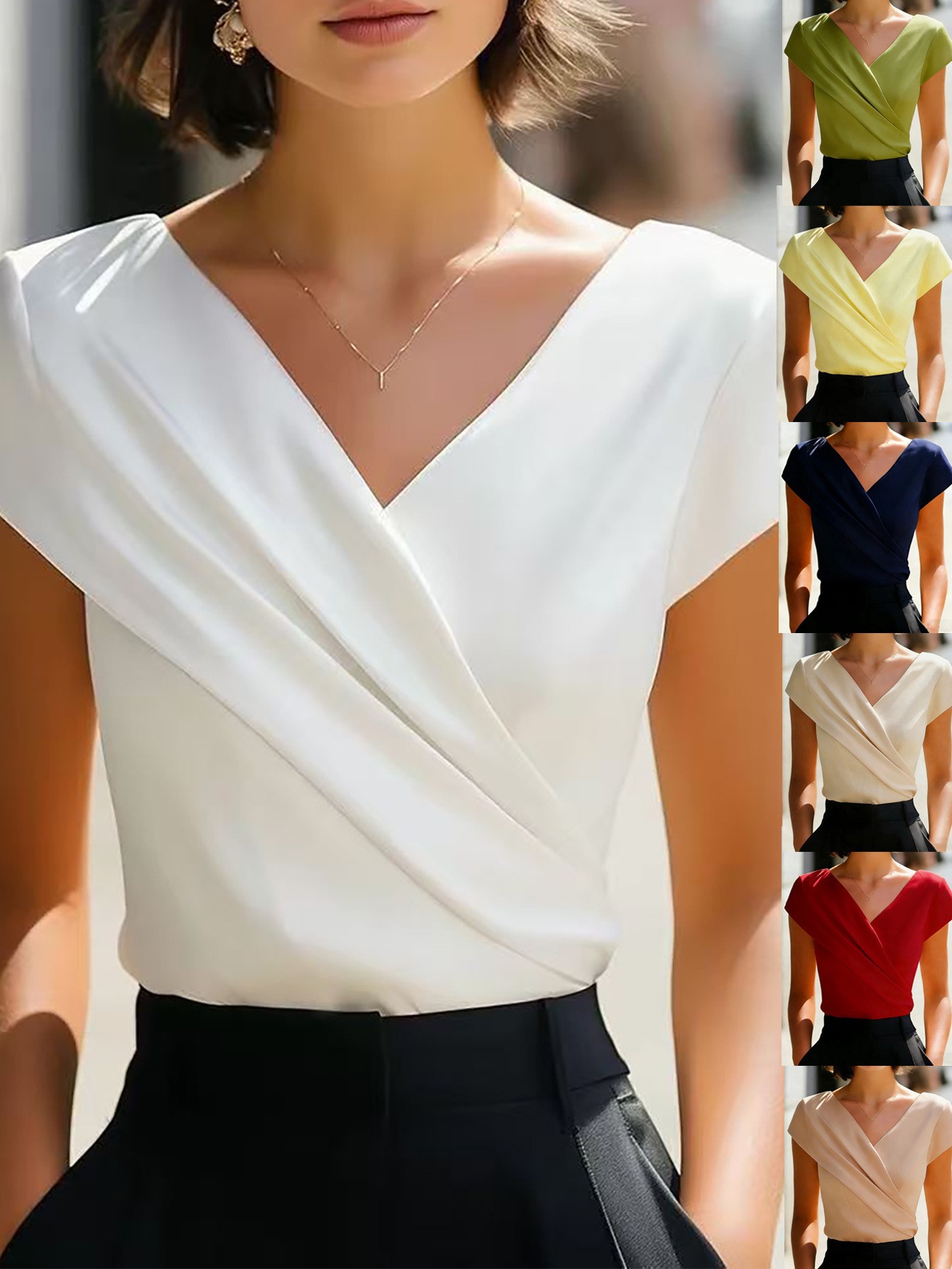 Summer Womens Blouse Solid Whi - Wrap Blouse Chiffon 评论和价格