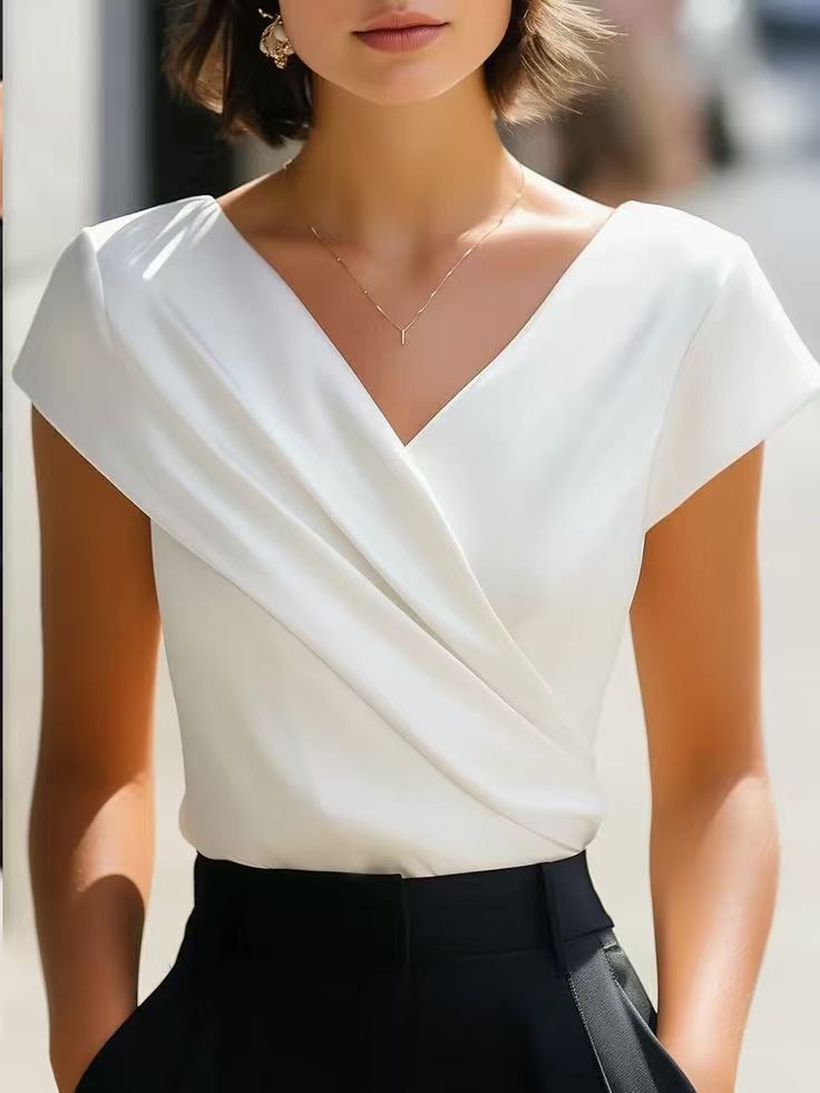 Summer Womens Blouse Solid Whi - Wrap Blouse Chiffon 评论和价格
