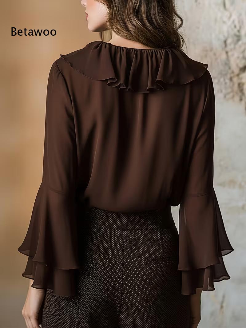 Women Elegant Ruffle V Neck Ch - Wrap Blouse Chiffon 评论和价格