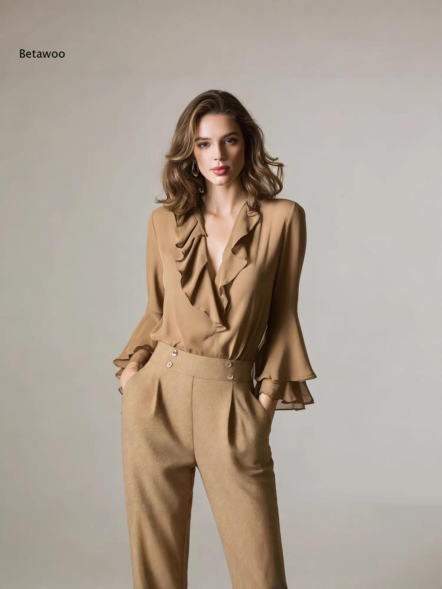 Women Elegant Ruffle V Neck Ch - Wrap Blouse Chiffon 评论和价格