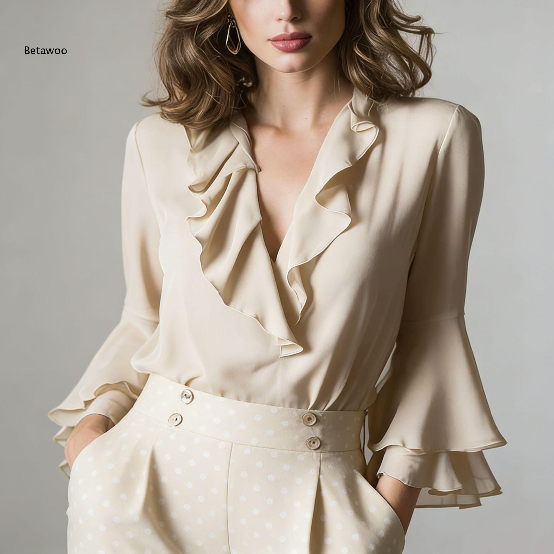 Women Elegant Ruffle V Neck Ch - Wrap Blouse Chiffon 评论和价格