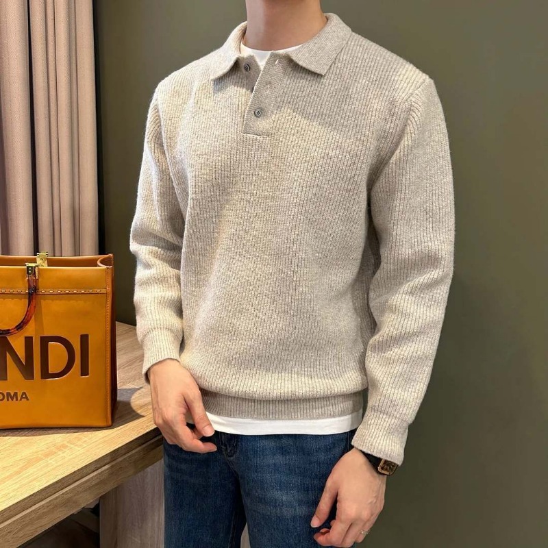 Men Lapel Collar Single Button - Ribbed Knit Sweater 评论和价格