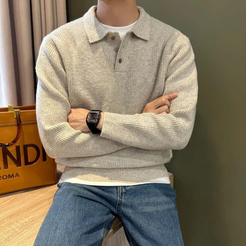 Men Lapel Collar Single Button - Ribbed Knit Sweater 评论和价格