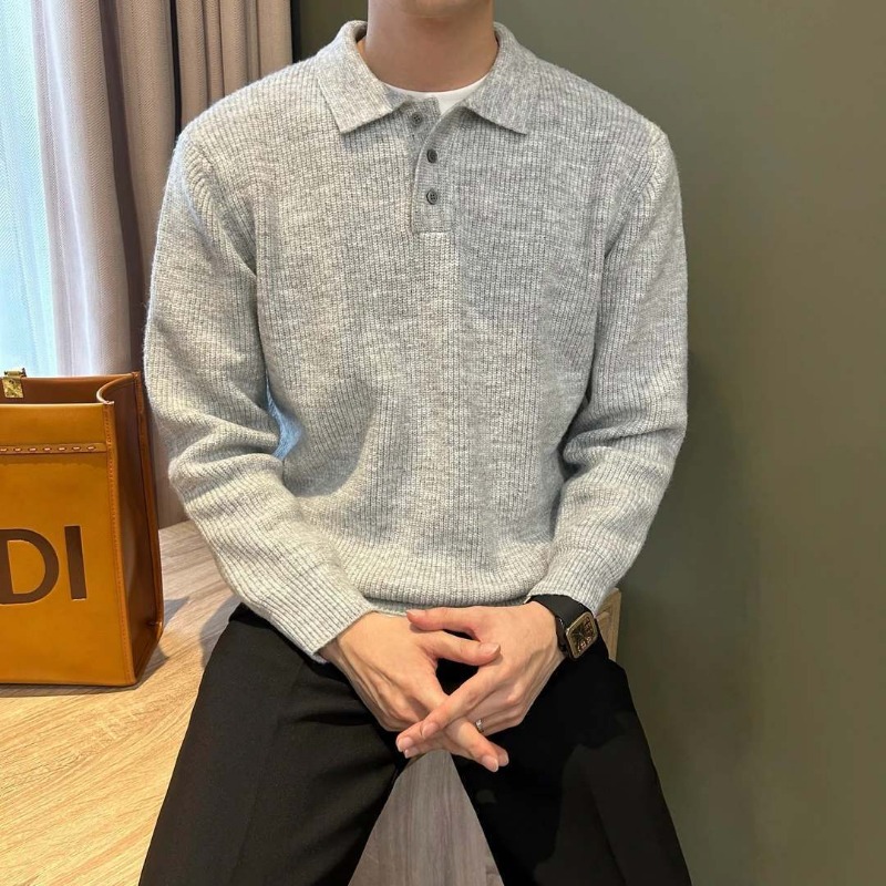 Men Lapel Collar Single Button - Ribbed Knit Sweater 评论和价格