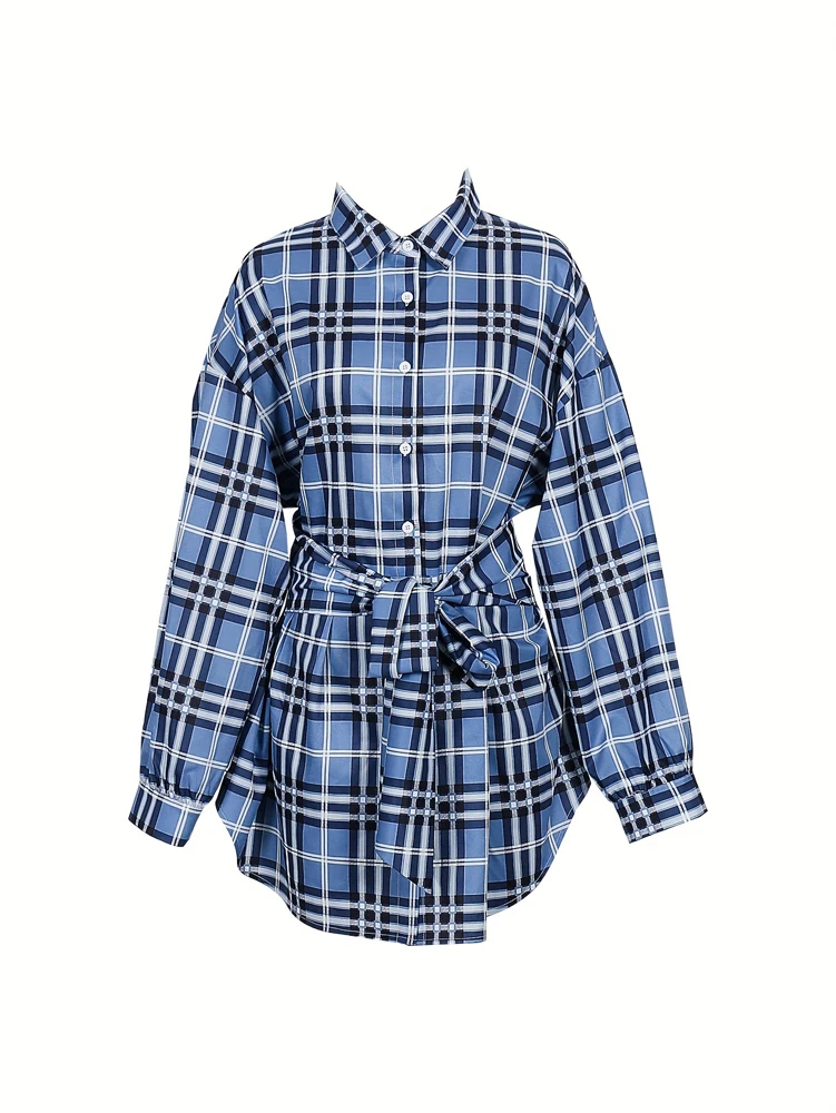 Women Plaid Shirt Dress Elasti - Belted Shirt Dress 评论和价格